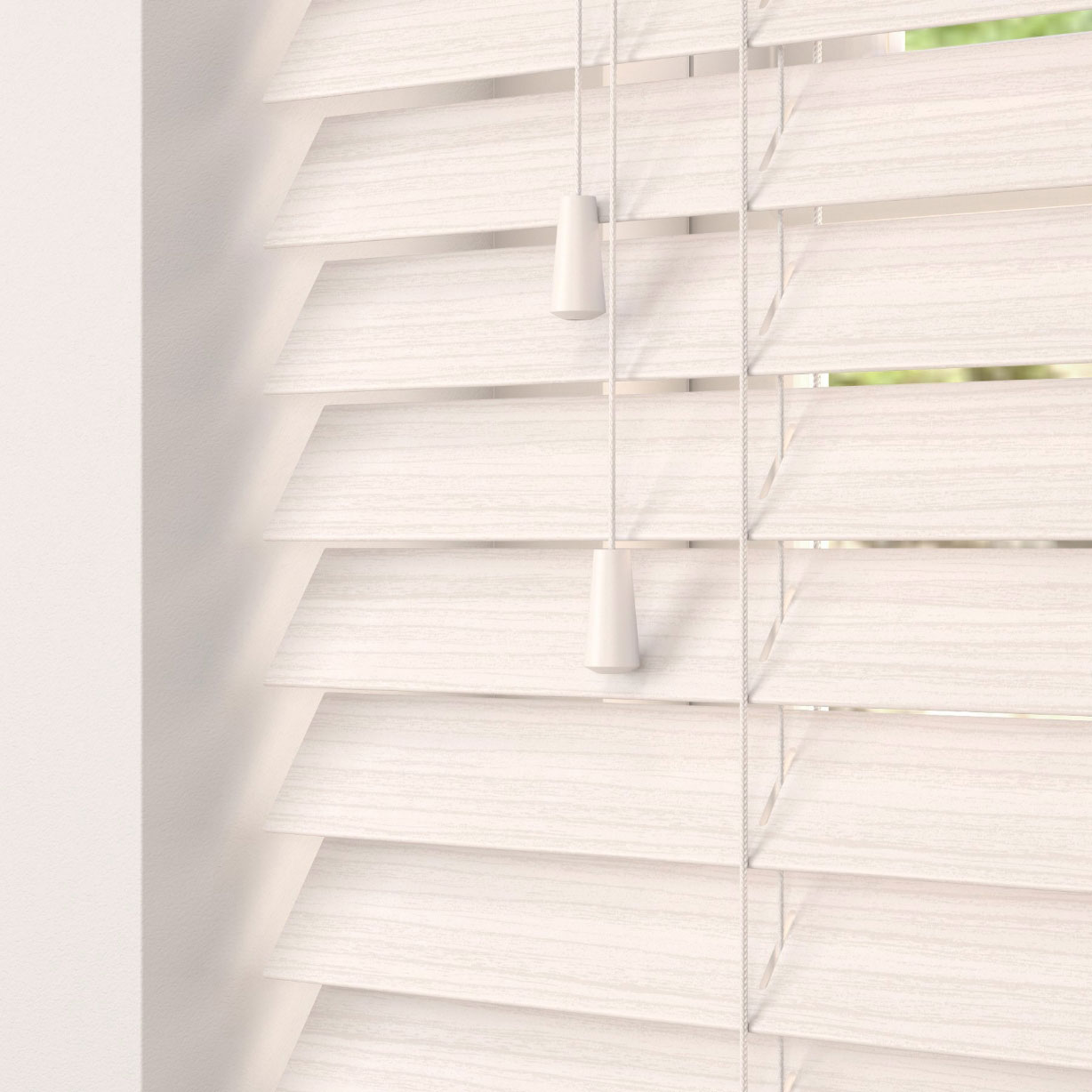 Close up detail of white fauxwood venetian blind