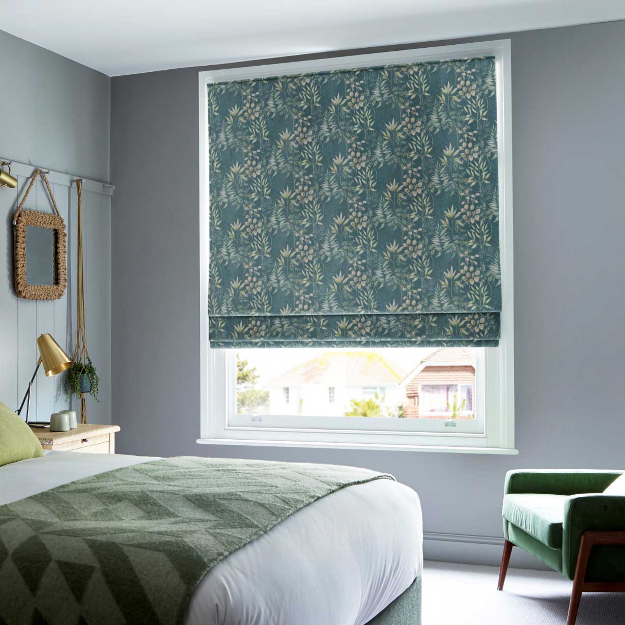 Green and blue floral print Roman Blinds in grey bedroom