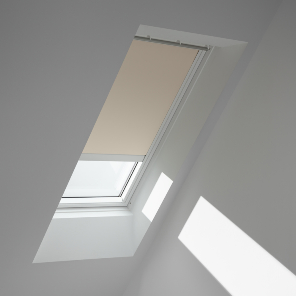 Close up of cream white Velux blinds